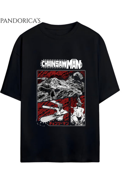Chainsaw Man Anime Tasarımı Yazılı Baskılı Unisex Pamuklu Relaxed Kalıp Tişört