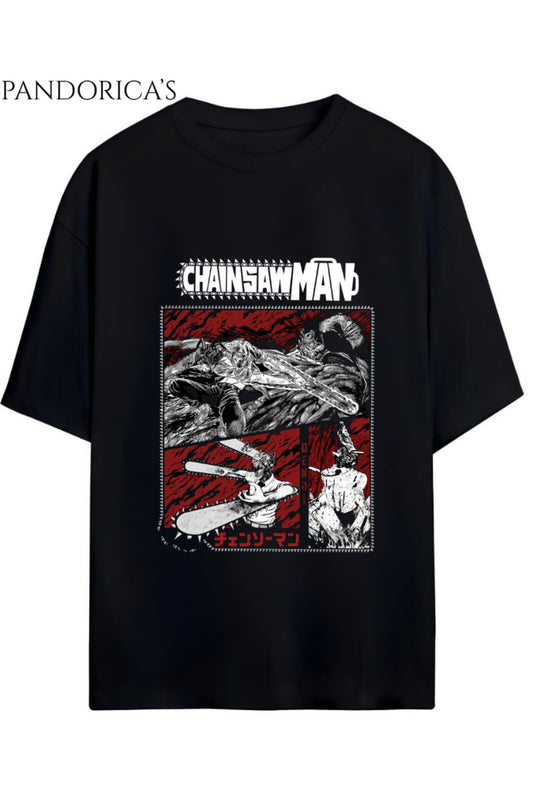 Chainsaw Man Anime Tasarımı Yazılı Baskılı Unisex Pamuklu Relaxed Kalıp Tişört