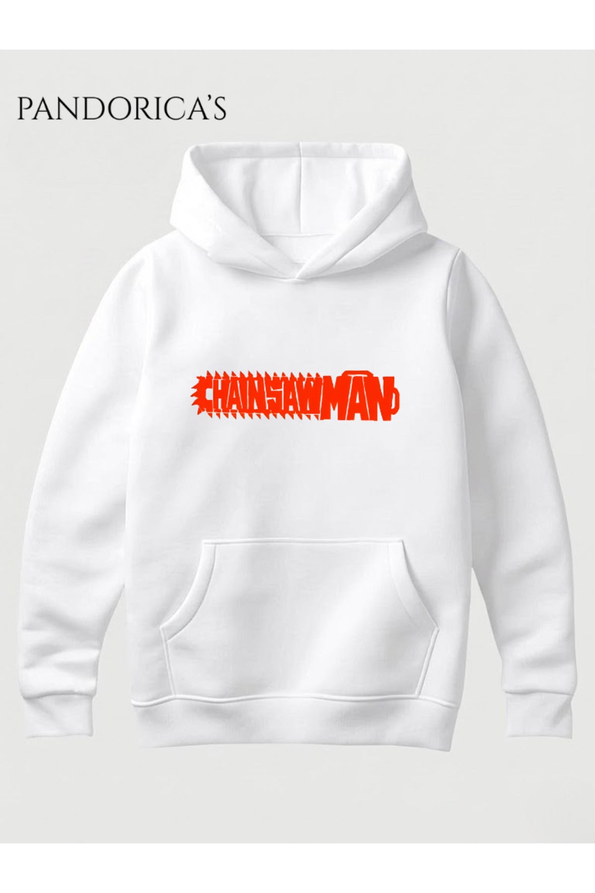 Beyaz Chainsaw Man Anime Manga Tasarım Serisi Yazılı Sırt Ve Ön Baskılı Unisex Kapüşonlu Pamuklu Sweatshirt Hoodie - 105