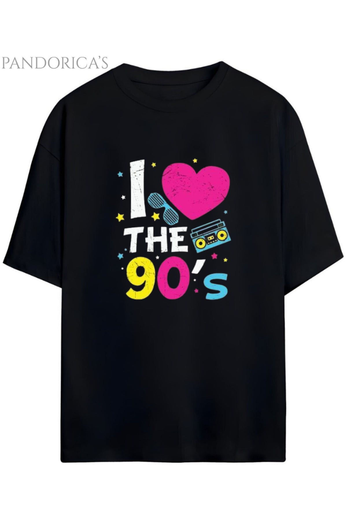 Siyah Pandorica's 90Lar "I Love 90's" Yazılı Baskılı Retro Tasarım Serisi Unisex Pamuklu Tişört - 13