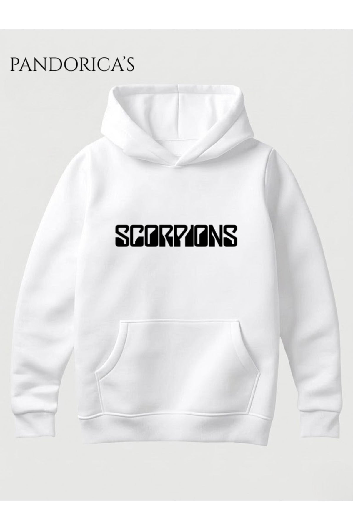 Beyaz Scorpions Tasarımı Yazılı Baskılı Unisex Kapüşonlu Pamuklu Kanguru Cepli Sweatshirt Hoodie - 42
