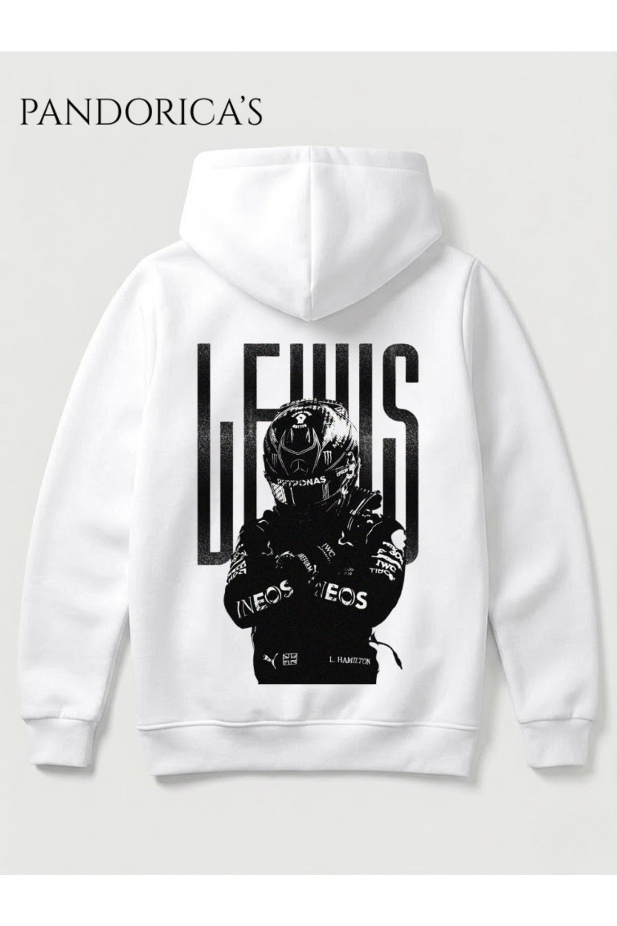 Beyaz Lewis Hamilton 44 Tasarımı Sırt Ve Göğüs Baskılı Unisex Kapüşonlu Pamuklu Sweatshirt (Hoodie) - 13