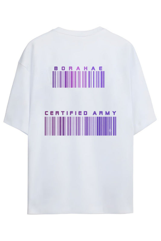 BTS K-Pop "BORAHAE CERTIFIED ARMY" Yazılı Barkod Tasarımı Sırt Ve Göğüs Baskılı Relaxed Kalıp Pamuklu Unisex T-shirt