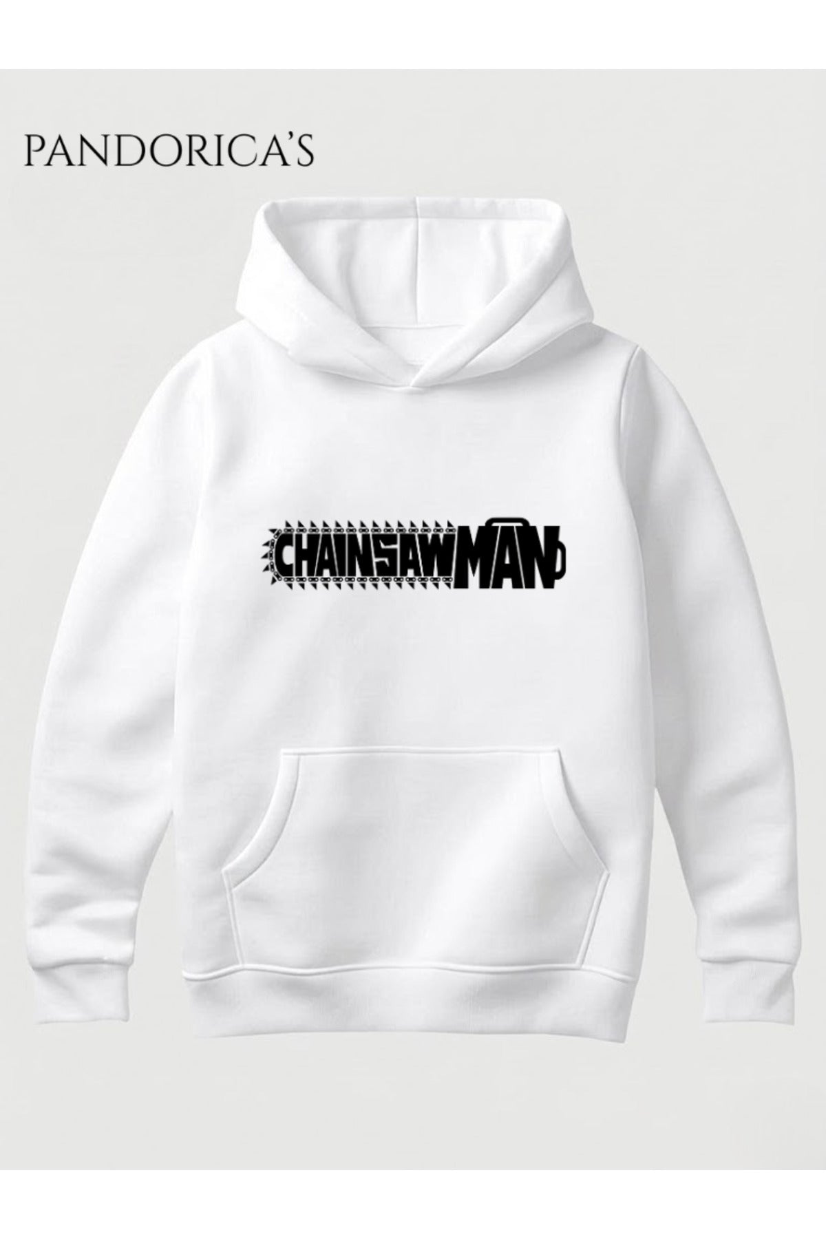 Beyaz Chainsaw Man Anime Manga Tasarım Serisi Yazılı Sırt Ve Ön Baskılı Unisex Kapüşonlu Pamuklu Sweatshirt Hoodie - 114