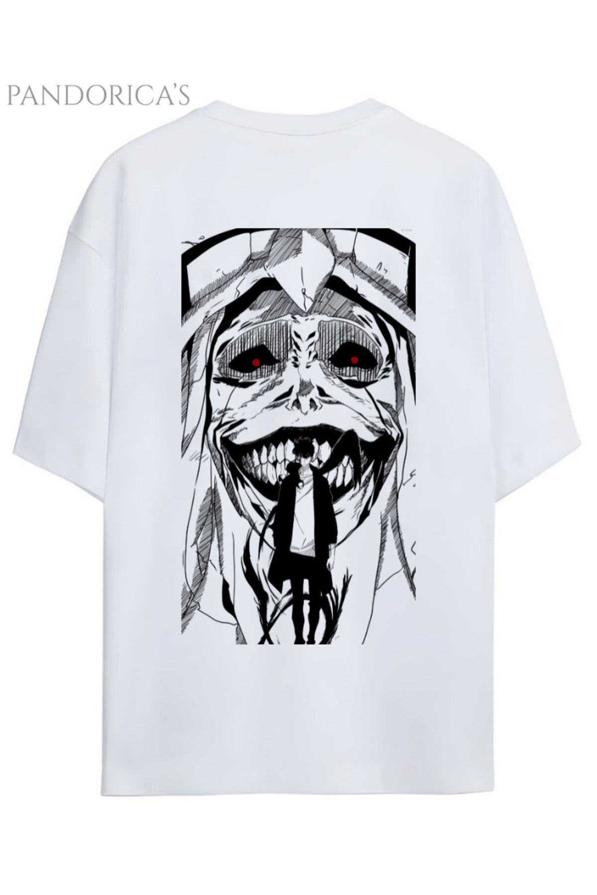 Beyaz Solo Leveling Anime Tasarım Serisi Smile "Statue Of God" Yazılı Sırt Ve Göğüs Baskılı Pamuklu Unisex Tişört - 73