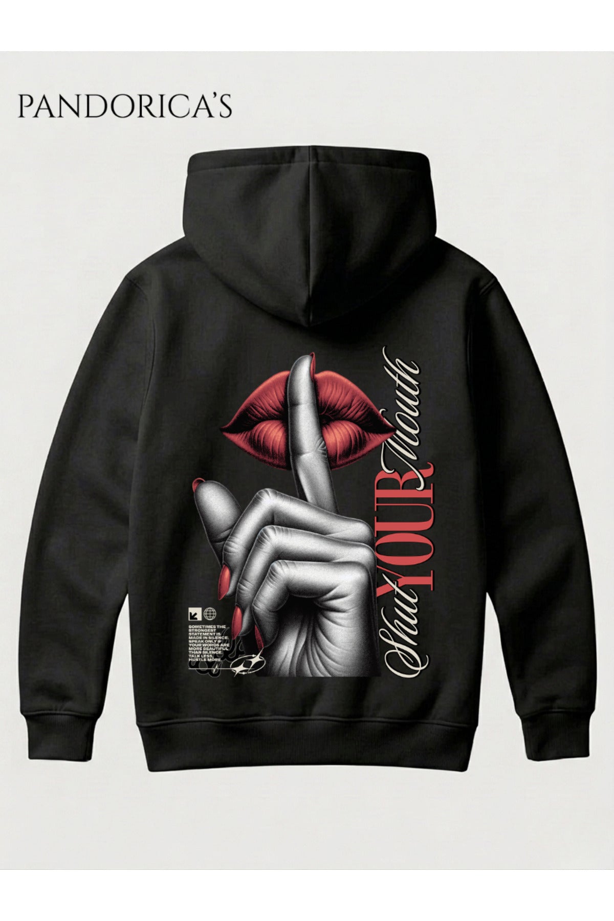 Siyah Unisex Shut Your Mouth Dudak Figürlü Sırt Baskılı Kapüşonlu Pamuklu Sweatshirt Hooded Hoodie
