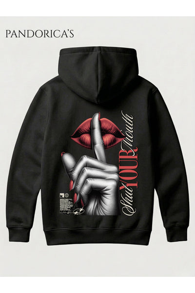 Siyah Unisex Shut Your Mouth Dudak Figürlü Sırt Baskılı Kapüşonlu Pamuklu Sweatshirt Hooded Hoodie
