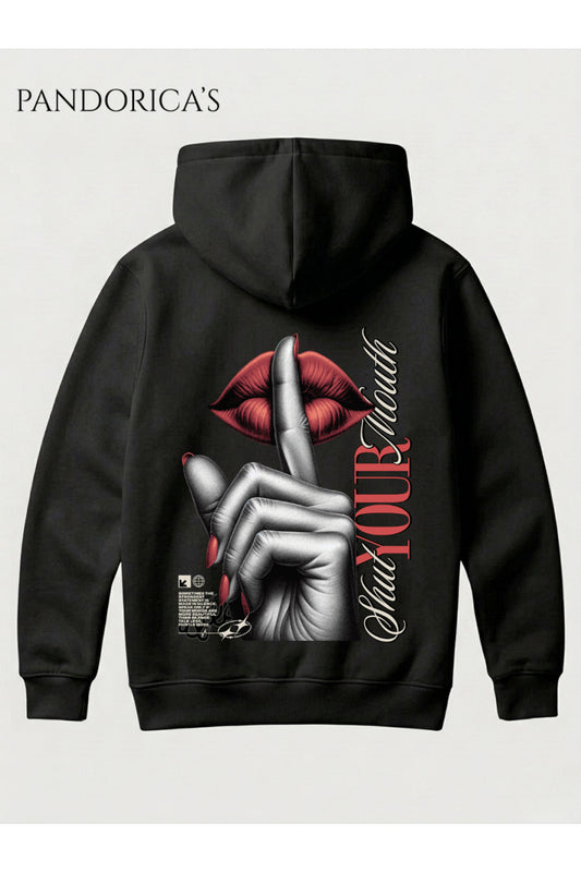 Siyah Unisex Shut Your Mouth Dudak Figürlü Sırt Baskılı Kapüşonlu Pamuklu Sweatshirt Hooded Hoodie