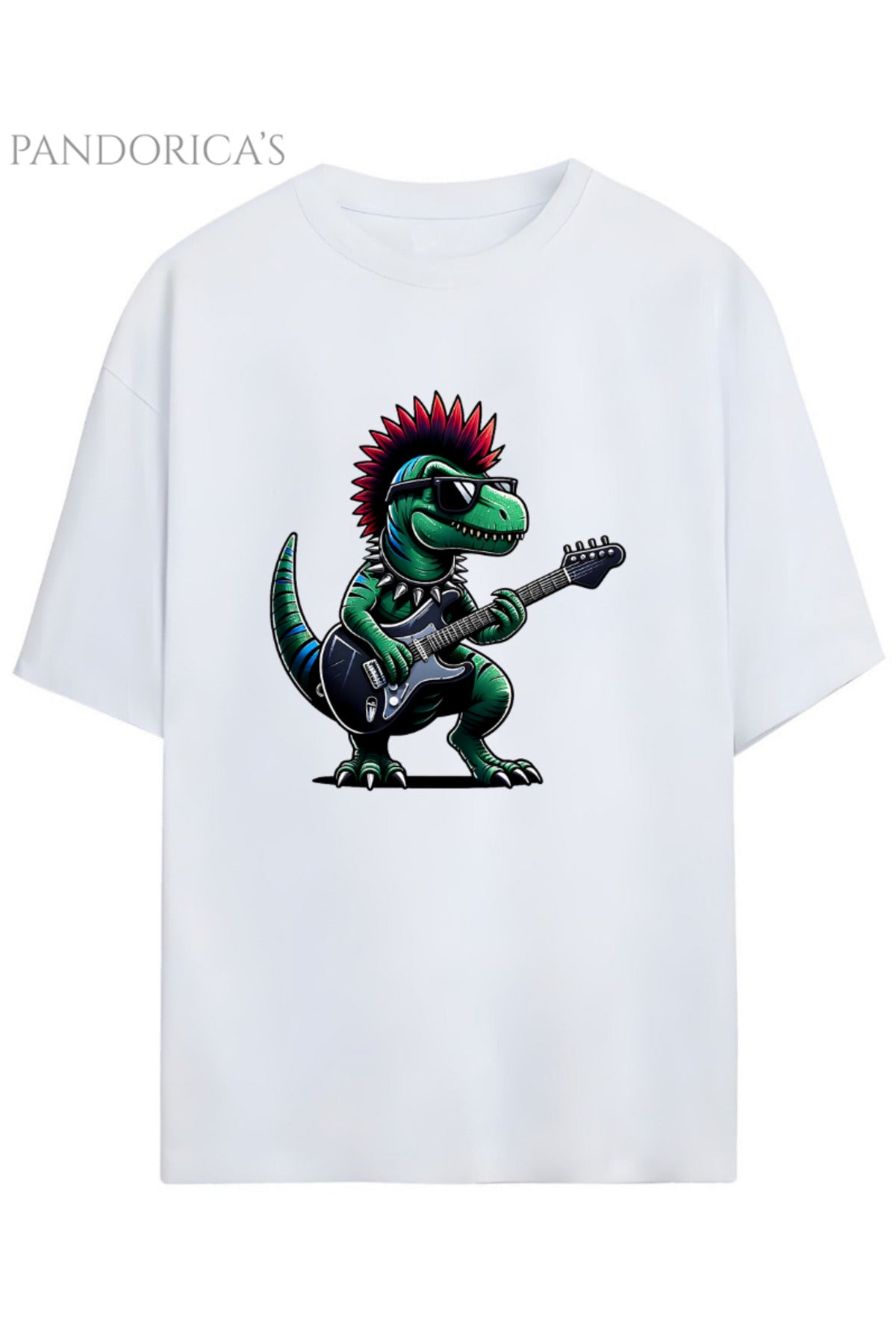 Beyazdino Pandorica's Rock Tasarım Serisi Punk Dinazor Baskılı Unisex Relaxed Kalıp Pamuklu T-Shirt - 117
