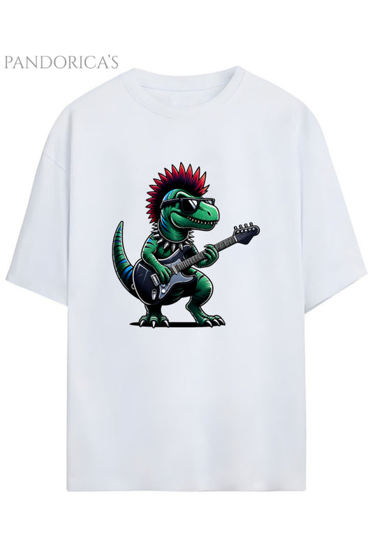 Pandorica's ROCK TASARIM SERİSİ Punk Dinazor Baskılı Unisex Relaxed Kalıp Pamuklu T-shirt