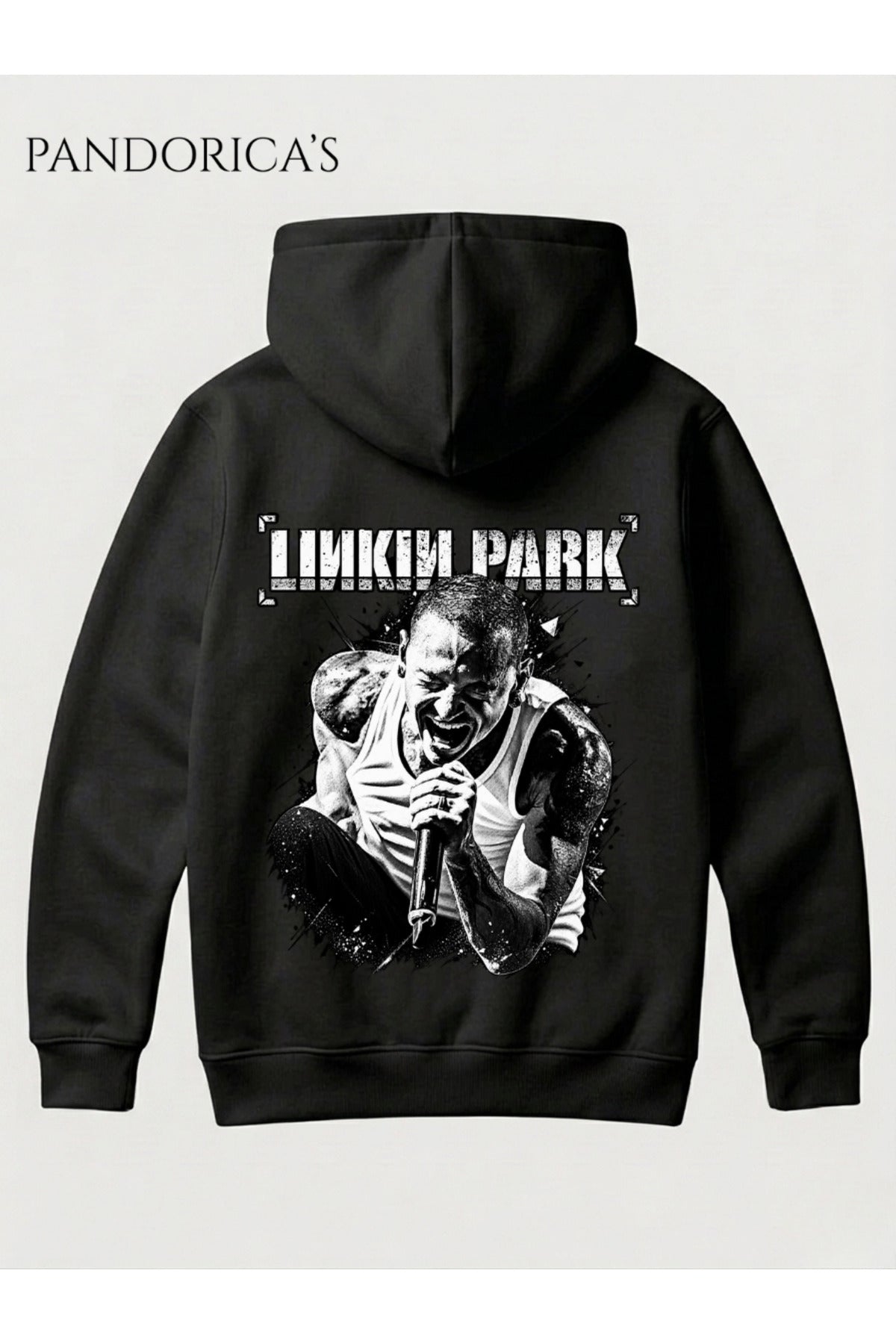 Siyah Linkin Park Chester Bennigton Tasarımı Yazılı Sırt Baskılı Unisex Kapüşonlu Pamuklu Sweatshirt Hoodie - 96