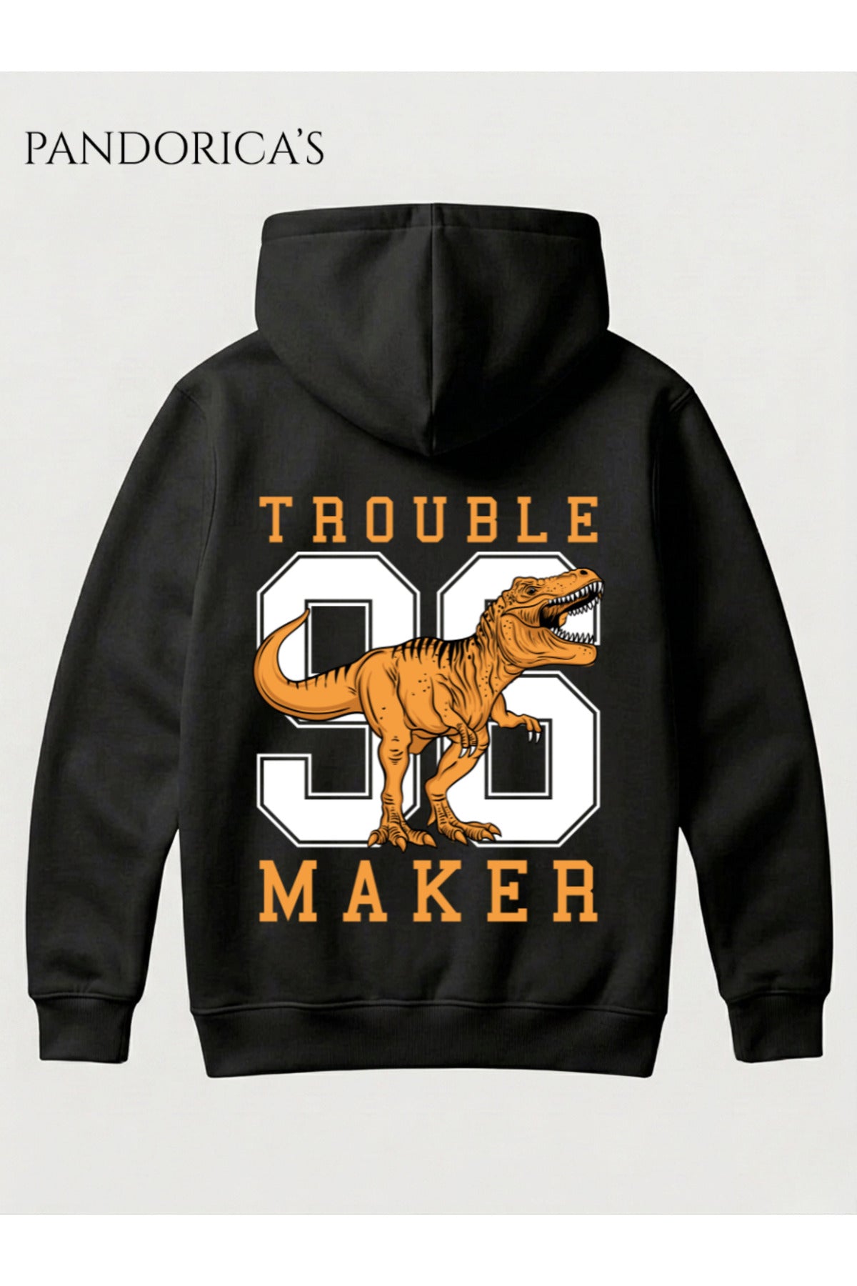 Dino Tasarım Serisi "Trouble Maker 96" Yazılı Sırt Dinazor Baskılı Unisex Kapüşonlu Pamuklu Sweatshirt (Hoodie)