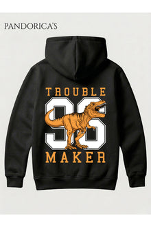 DİNO Tasarım Serisi "TROUBLE MAKER 96" Yazılı Sırt Dinazor Baskılı Unisex Kapüşonlu Pamuklu Sweatshirt (Hoodie)