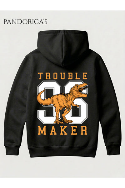 DİNO Tasarım Serisi "TROUBLE MAKER 96" Yazılı Sırt Dinazor Baskılı Unisex Kapüşonlu Pamuklu Sweatshirt (Hoodie)