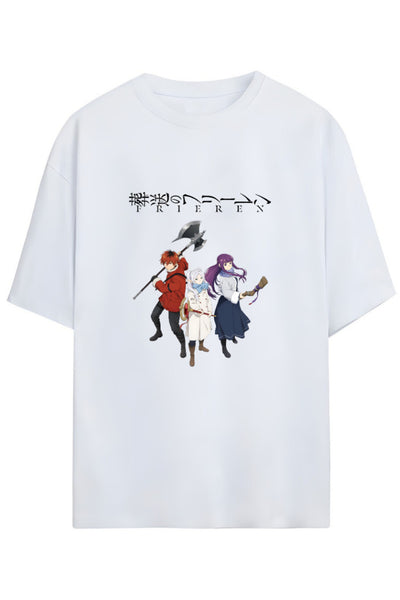 Frieren: Beyond Journey's End (Sousou no Frieren) Friern,Fern ve Stark Yazılı Baskılı Pamuklu Unisex Tişört