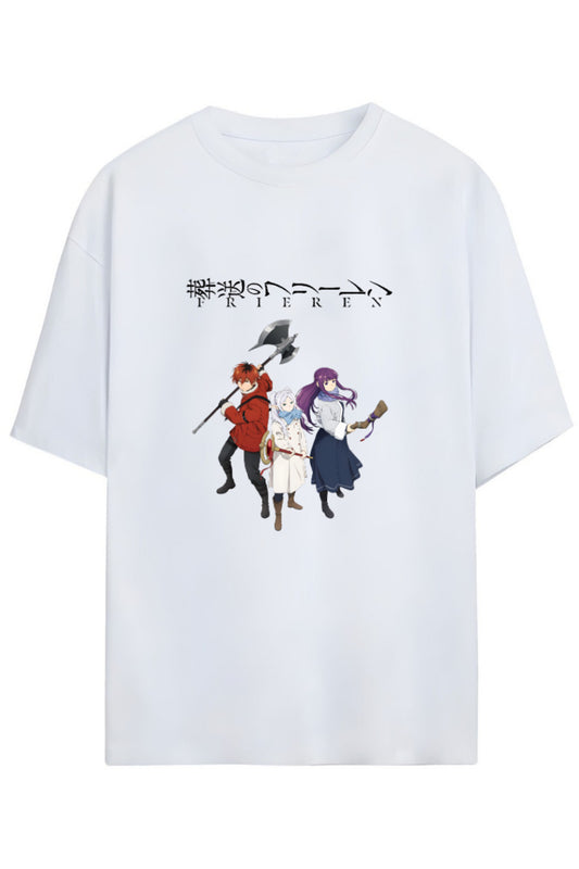 Frieren: Beyond Journey's End (Sousou no Frieren) Friern,Fern ve Stark Yazılı Baskılı Pamuklu Unisex Tişört