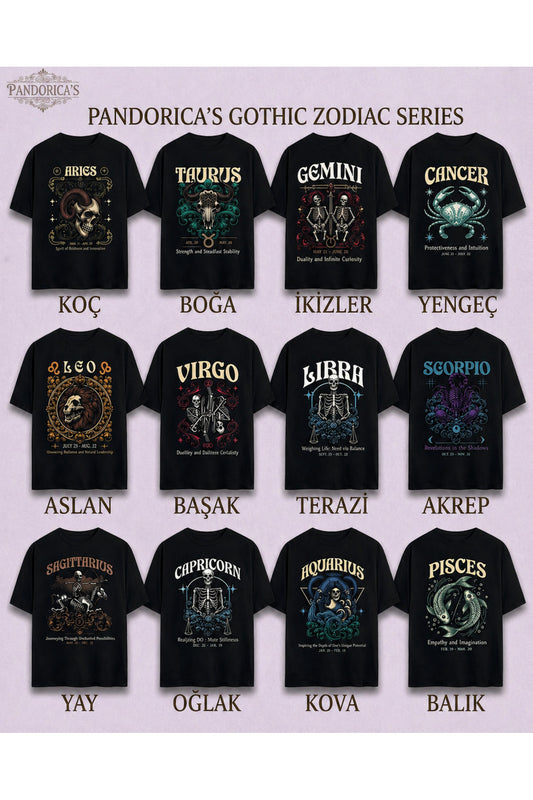 Gothic Zodyak Tasarım Serisi Pisces (Balık Burcu) Yazılı Baskılı Pamuklu Unisex Tişört