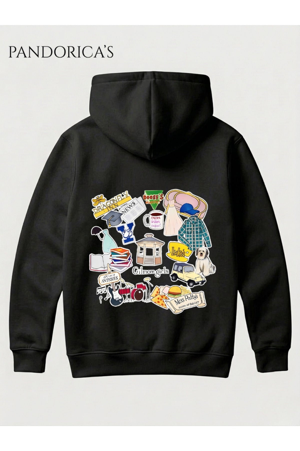 Siyah Gilmore Girls İkonik Semboller Tasarımı Yazılı Sırt Baskılı Unisex Kapüşonlu Pamuklu Sweatshirt Hoodie - 15