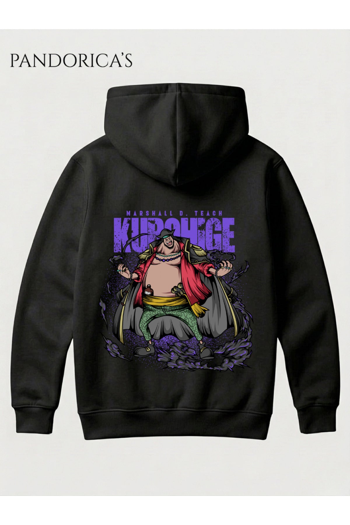 One Piece Özel Tasarım Serisi "Marshall D.Tech Kurohige" Yazılı Sırt Baskılı Unisex Kapüşonlu Pamuklu Sweatshirt (Hoodie)