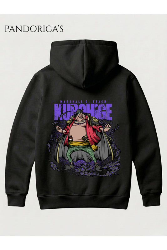 One Piece Özel Tasarım Serisi "MARSHALL D.TECH KUROHIGE" Yazılı Sırt Baskılı Unisex Kapüşonlu Pamuklu Sweatshirt (Hoodie)