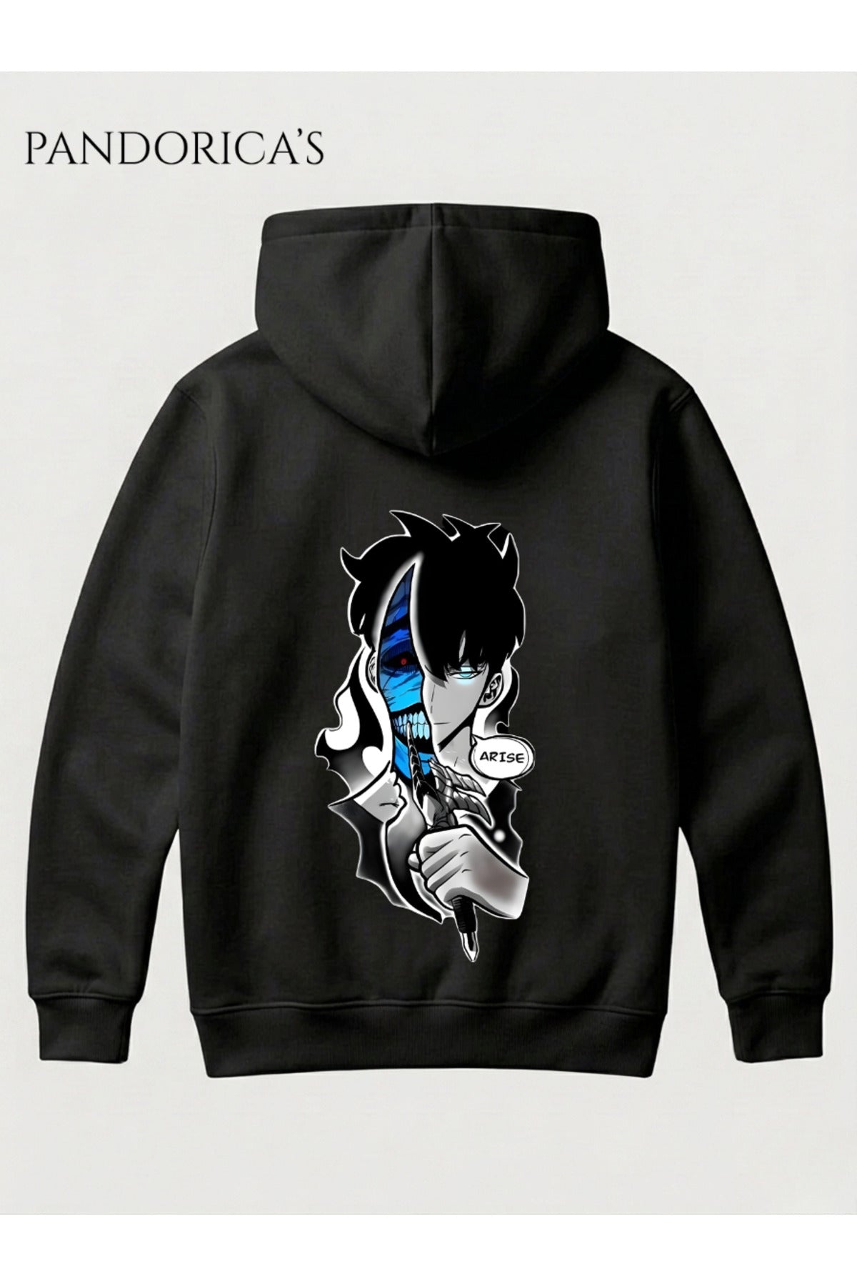 Siyah Solo Leveling Anime Sung Jinwoo Tasarımı" Arise" Yazılı Sırt Baskılı Unisex Kapüşonlu Pamuklu Sweatshirt Hoodie - 24
