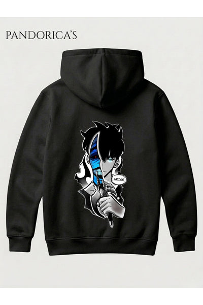 SOLO LEVELING ANİME SUNG JINWOO Tasarımı"ARISE" Yazılı SIRT Baskılı Unisex Kapüşonlu Pamuklu Sweatshirt Hoodie