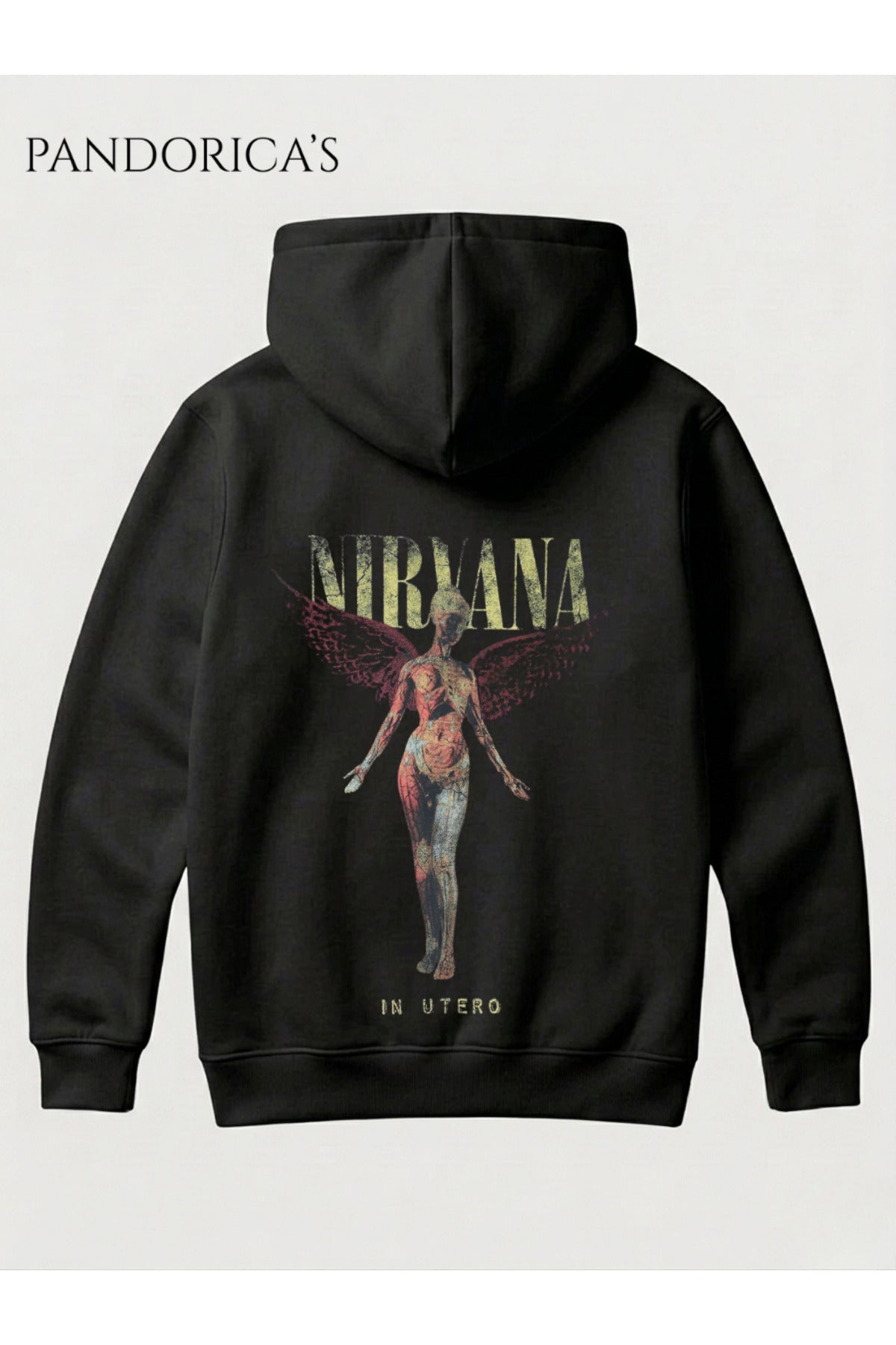 Siyah Nirvana "In Utero" Tasarımı Yazılı Sırt Baskılı Unisex Kapüşonlu Pamuklu Sweatshirt Kanguru Cep Hoodie - 195