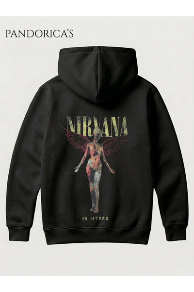NIRVANA "IN UTERO" Tasarımı Yazılı SIRT Baskılı Unisex Kapüşonlu Pamuklu Sweatshirt Kanguru Cep Hoodie