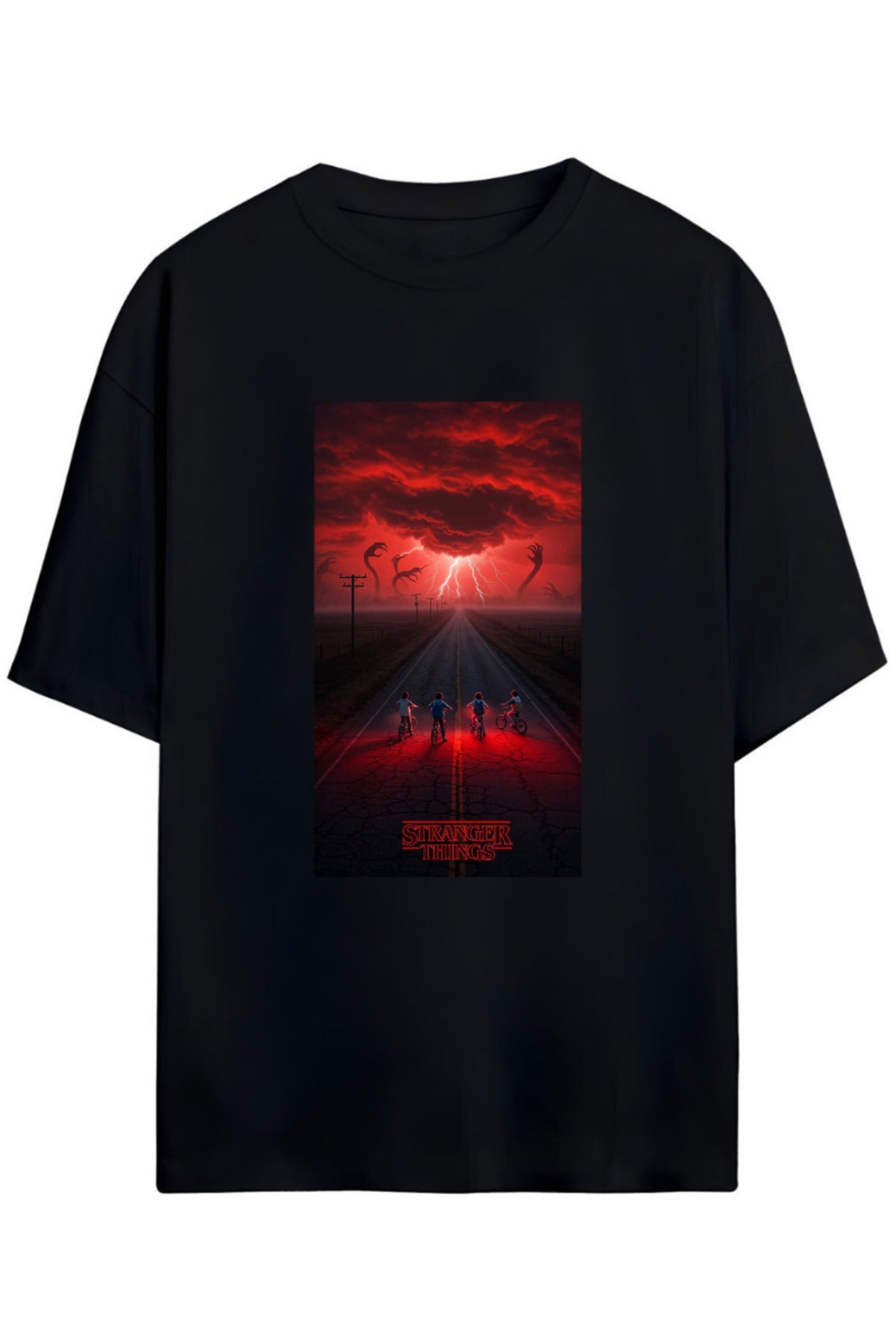 Siyah Stranger Things Tasarımı Unisex Pamuklu T-Shirt - 1