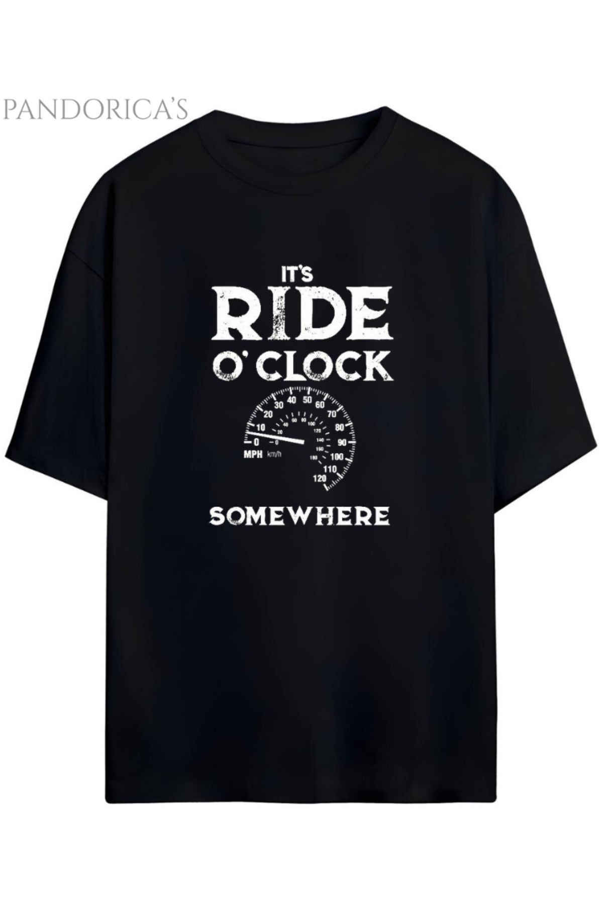 Pandorica's Motorcu Tasarımı Baskılı "Ride O'clock" Yazılı Unisex Pamuklu T-Shirt