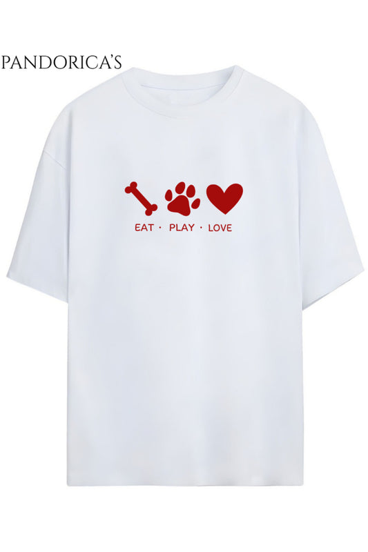 "EAT,PLAY,LOVE" Yazılı Pati Baskılı Köpeksever Unisex Pamuklu Tişört