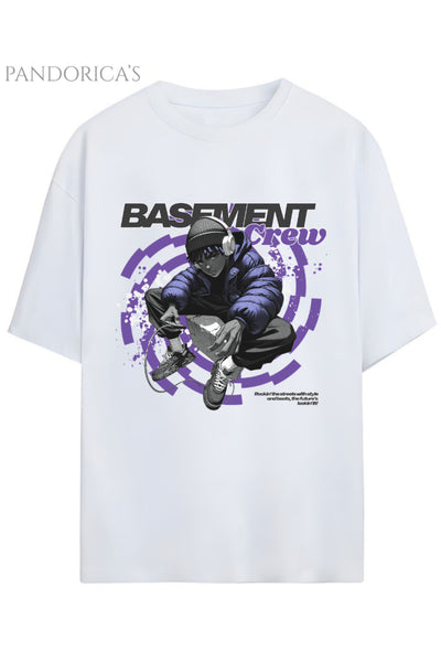 Streetwear Tasarımları "Basement Crew" Yazılı Baskılı Pamuklu Unisex Tişört