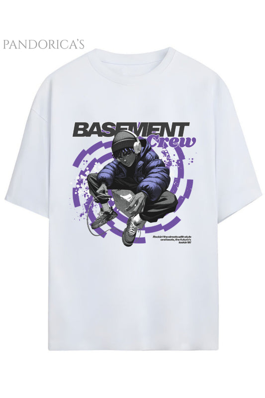 Streetwear Tasarımları "Basement Crew" Yazılı Baskılı Pamuklu Unisex Tişört