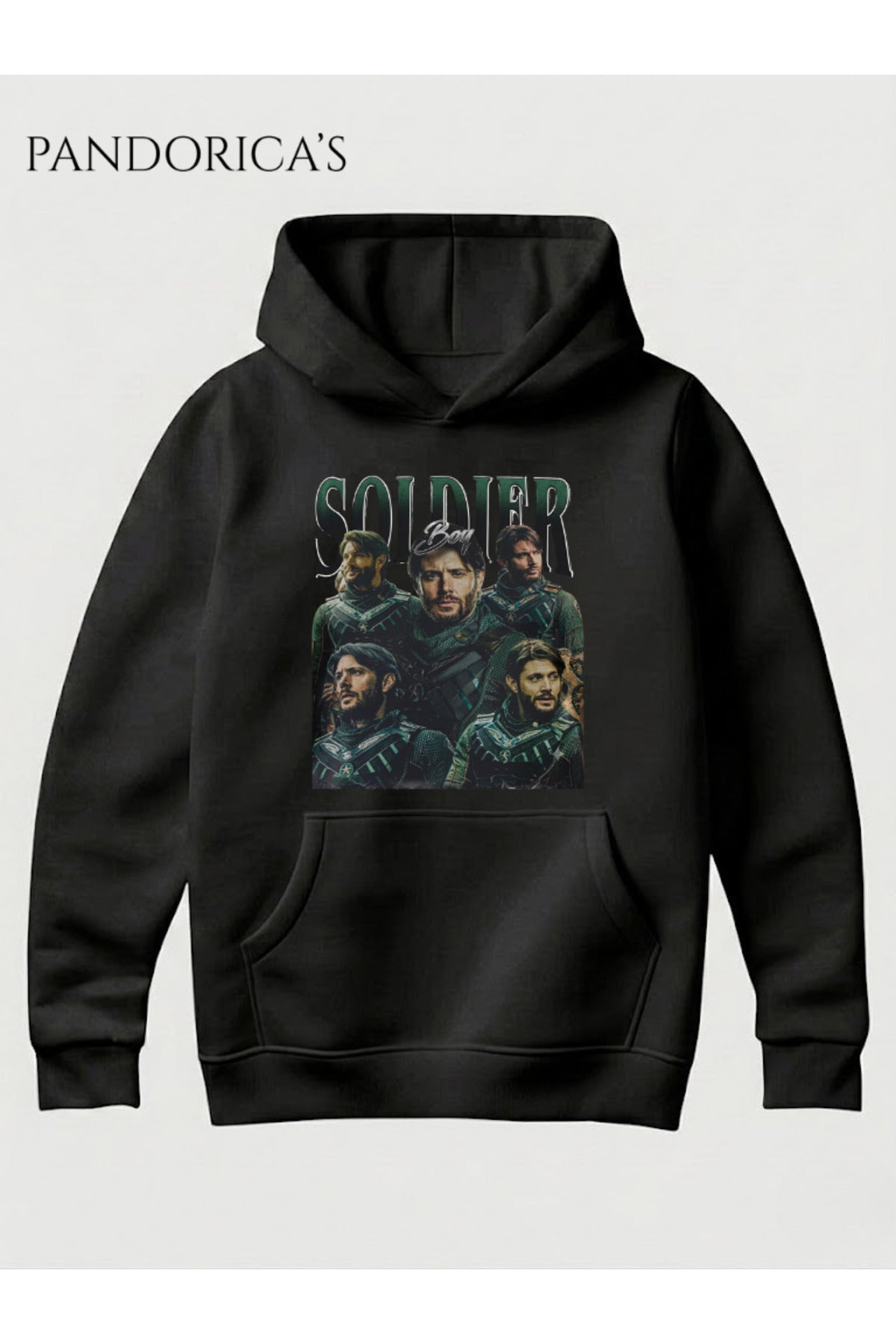 Siyah The Boys "Soldier Boy" Tasarımı Yazılı Vintage Retro Kolaj Baskılı Unisex Kapüşonlu Pamuklu Sweatshirt Hoodie - 249
