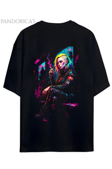 Cyberpunk Street Style Serisi Sırt Baskılı Pamuklu Relaxed Kalıp Siyah Unisex Tişört