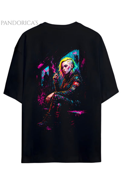Cyberpunk Street Style Serisi Sırt Baskılı Pamuklu Relaxed Kalıp Siyah Unisex Tişört