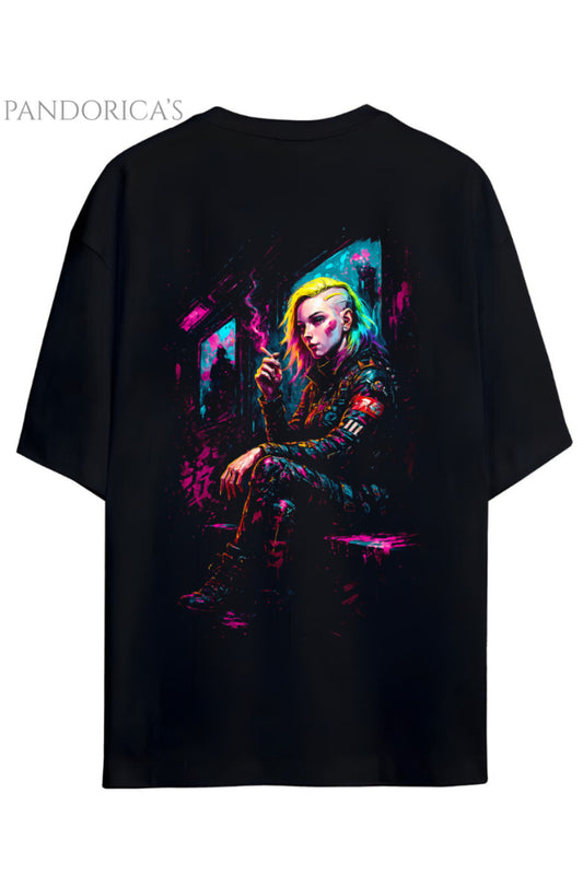 Cyberpunk Street Style Serisi Sırt Baskılı Pamuklu Relaxed Kalıp Siyah Unisex Tişört