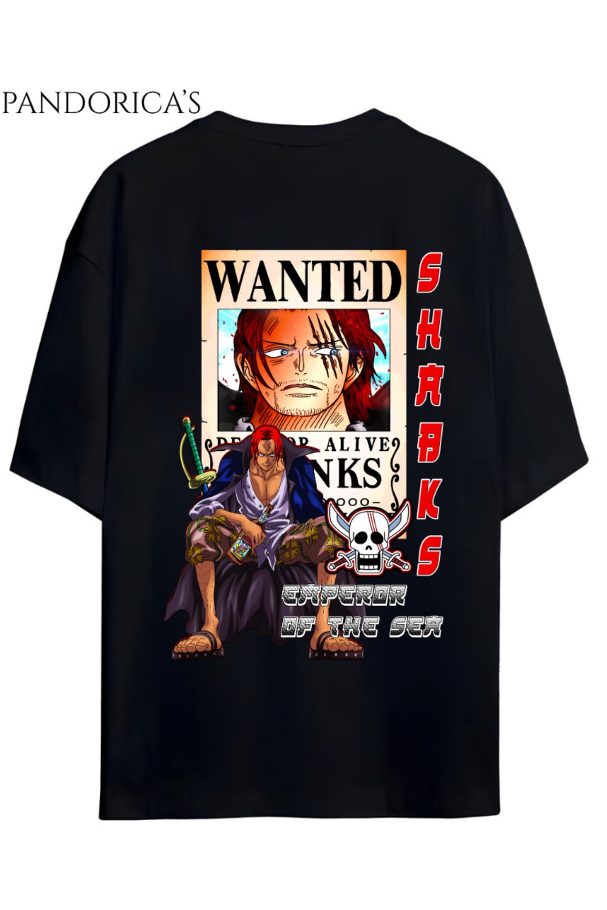 Siyah One Piece Tasarım Serisi "Shanks" Sırt Baskılı Yazılı Unisex Pamuklu Tişört - 144
