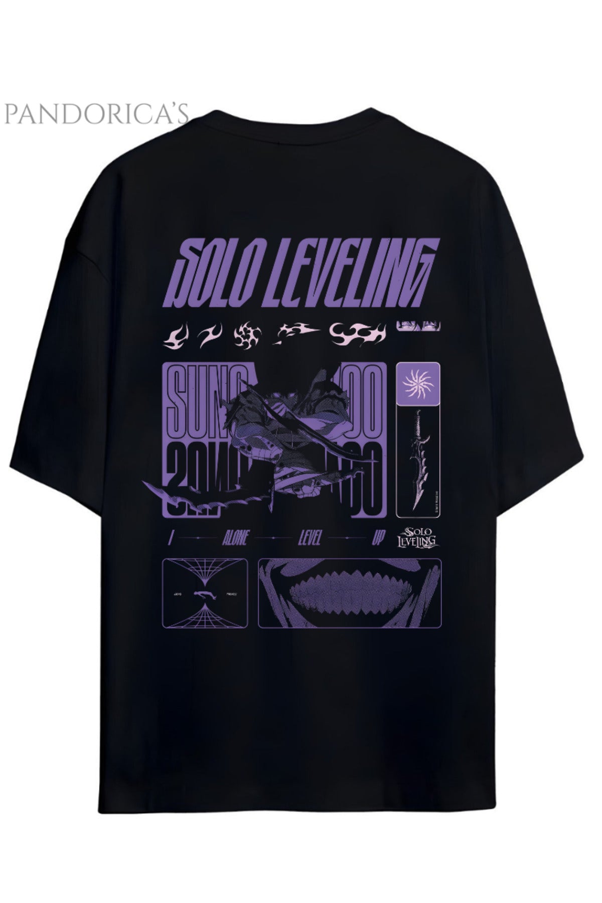 Siyah Solo Leveling Anime Tasarım Serisi Sung Jinwoo Yazılı Sırt Baskılı Pamuklu Unisex Tişört - 41