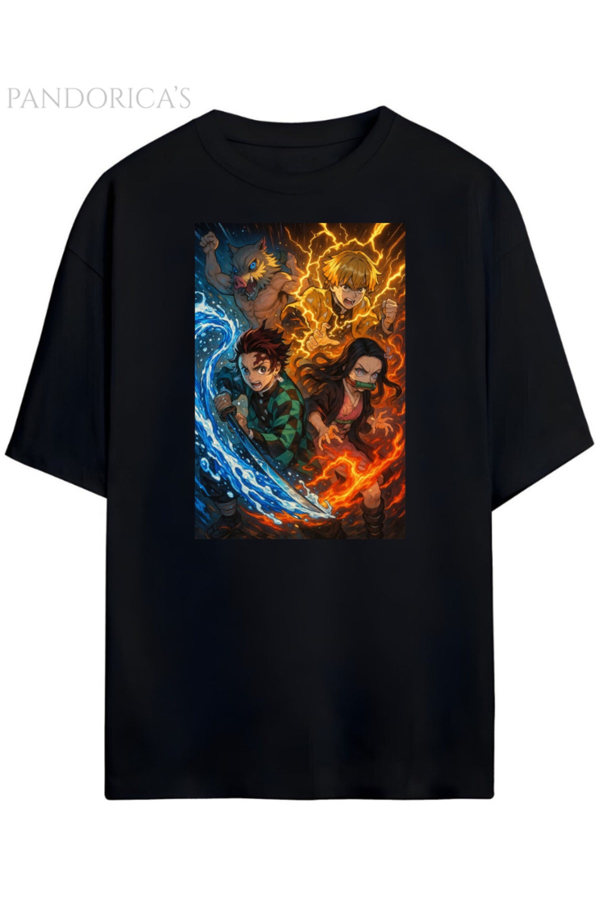 Siyah Pandorica's Demon Slayer Tasarımı Unisex Pamuklu T-Shirt - 45