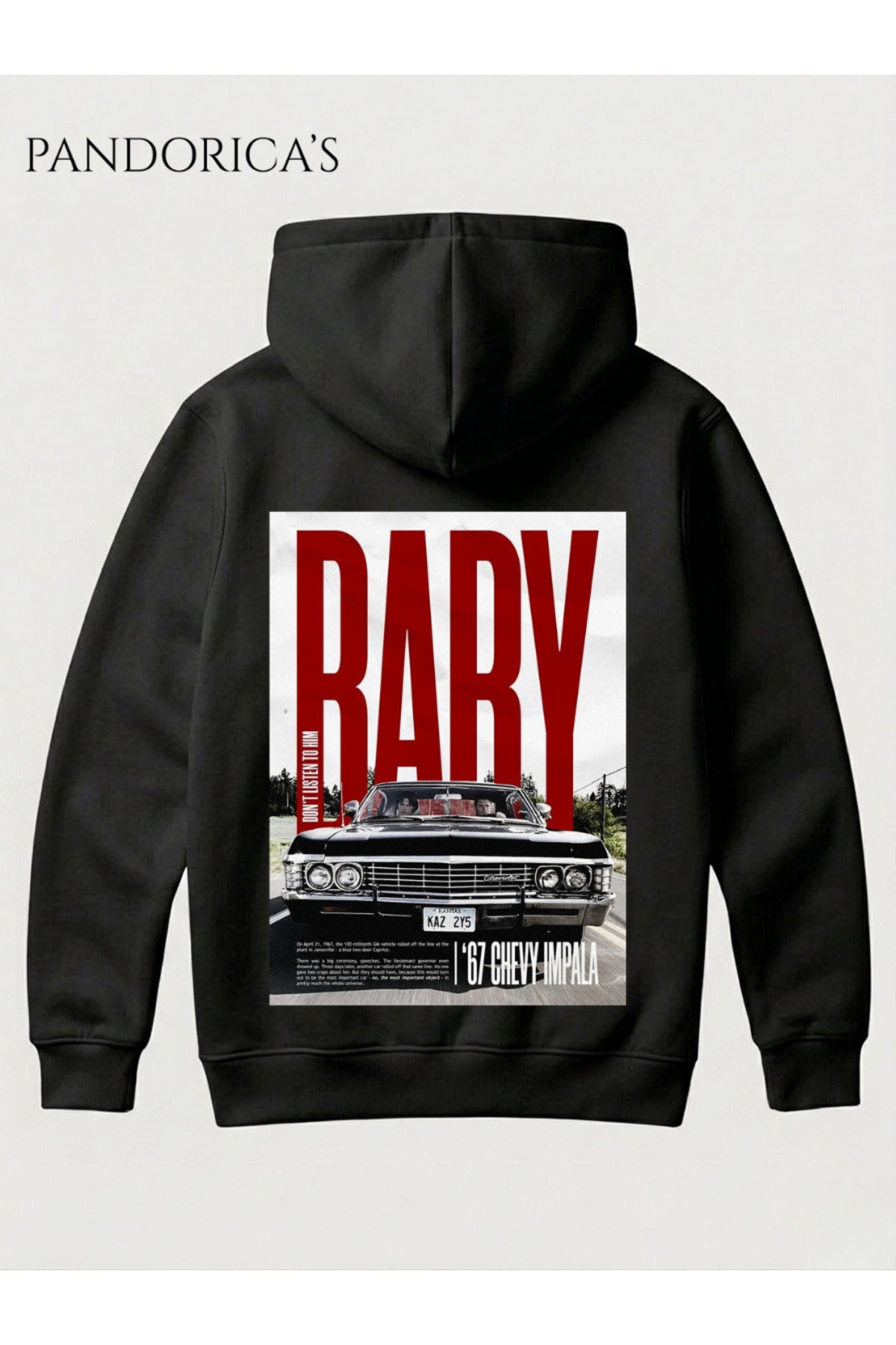Supernatural Tasarım Serisi "Baby" Yazılı Impala Sırt Baskılı Unisex Kapüşonlu Pamuklu Sweatshirt Hoodie