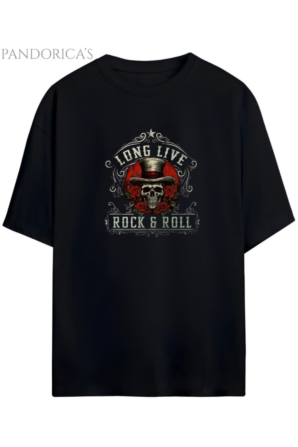 Pandorica's Rock Tasarım Serisi "Long Live Rock & Roll" Yazılı Baskılı Unisex Pamuklu T-Shirt