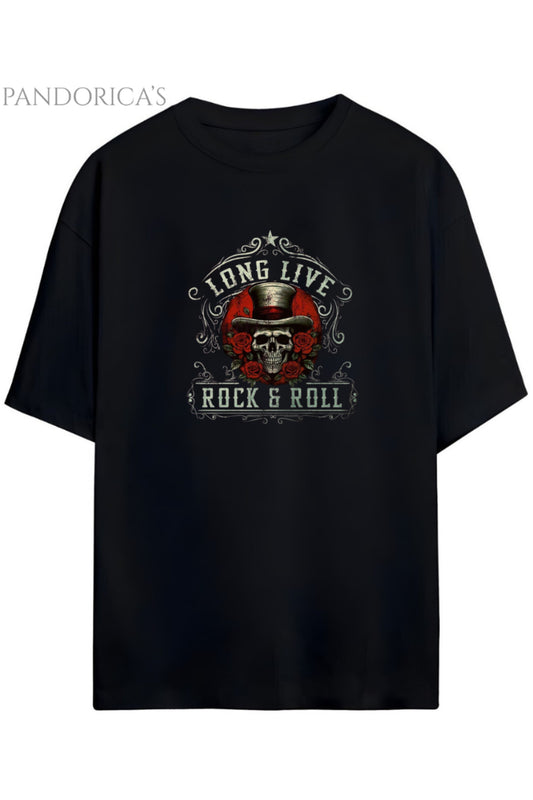 Pandorica's ROCK Tasarım Serisi "LONG LIVE ROCK & ROLL" Yazılı Baskılı Unisex Pamuklu T-shirt
