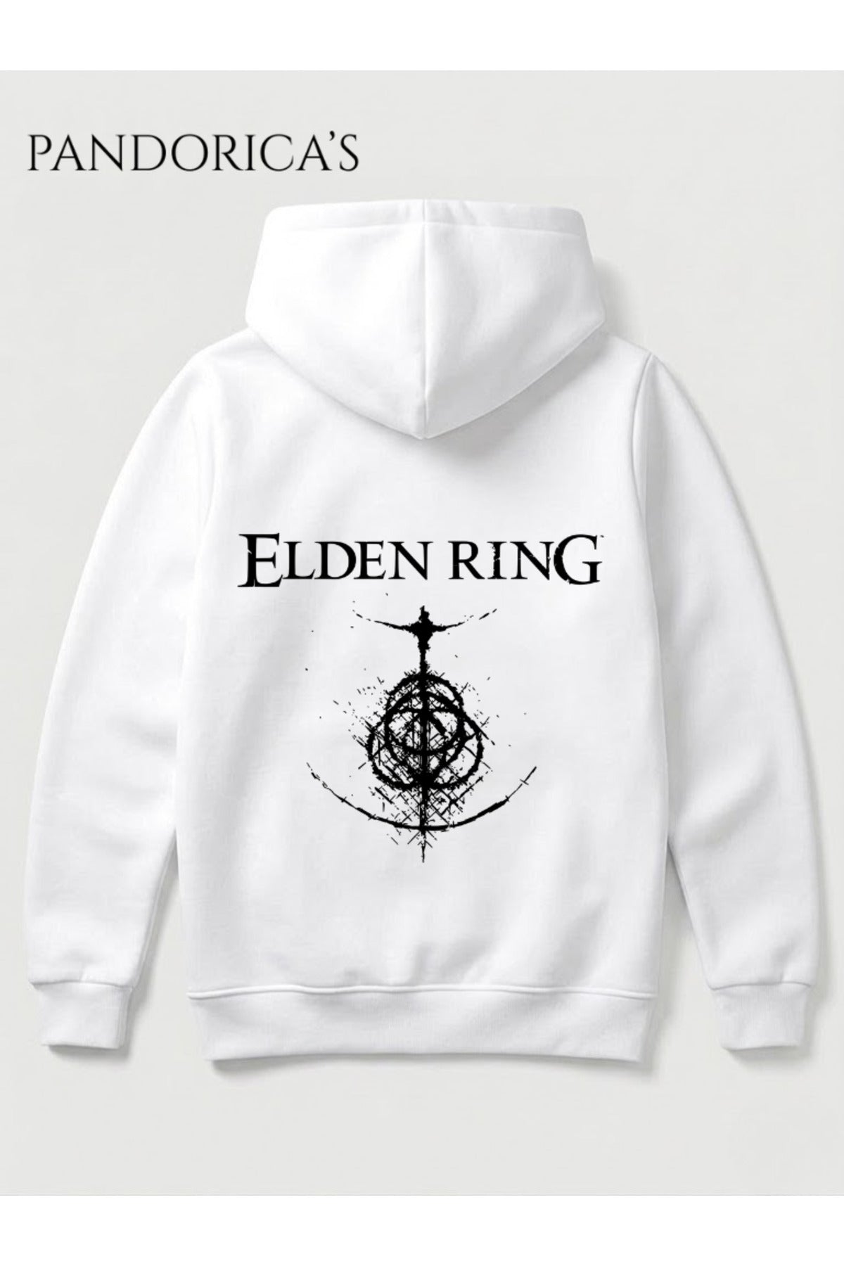 Beyaz Elden Ring Minamal Tasarımı Yazılı Sırt Baskılı Unisex Kapüşonlu Pamuklu Sweatshirt Gamer Hoodie - 141