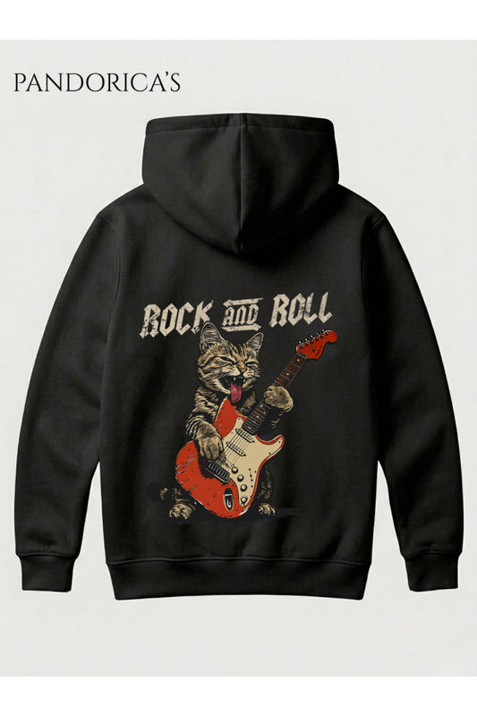 ROCK&ROLL Yazılı Gitar Çalan Sevimli Rocker Kedi Yazılı SIRT Baskılı Unisex %100 Pamuk 3 İplik Kışlık Kapüşonlu Kanguru Cepli Basic Sweatshirt (Hoodie)