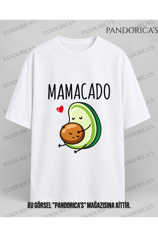 Kadın Hamile Temalı "MAMACADO" Sevimli Avokado Baskılı Oversize %100 Pamuk Tişört Bisiklet Yaka