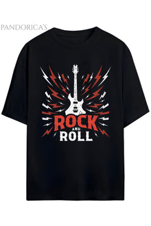 Pandorica's ROCK TASARIM SERİSİ ROCK&ROLL Yazılı Gitar Baskılı Unisex Pamuklu T-shirt