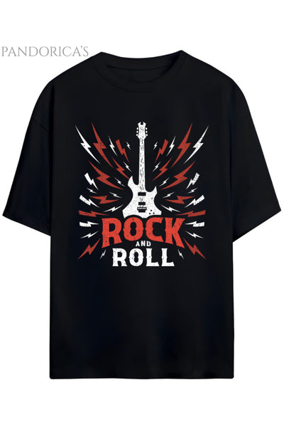 Pandorica's ROCK TASARIM SERİSİ ROCK&ROLL Yazılı Gitar Baskılı Unisex Pamuklu T-shirt