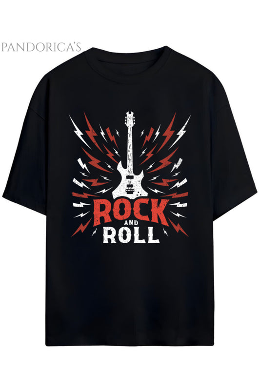 Pandorica's ROCK TASARIM SERİSİ ROCK&ROLL Yazılı Gitar Baskılı Unisex Pamuklu T-shirt