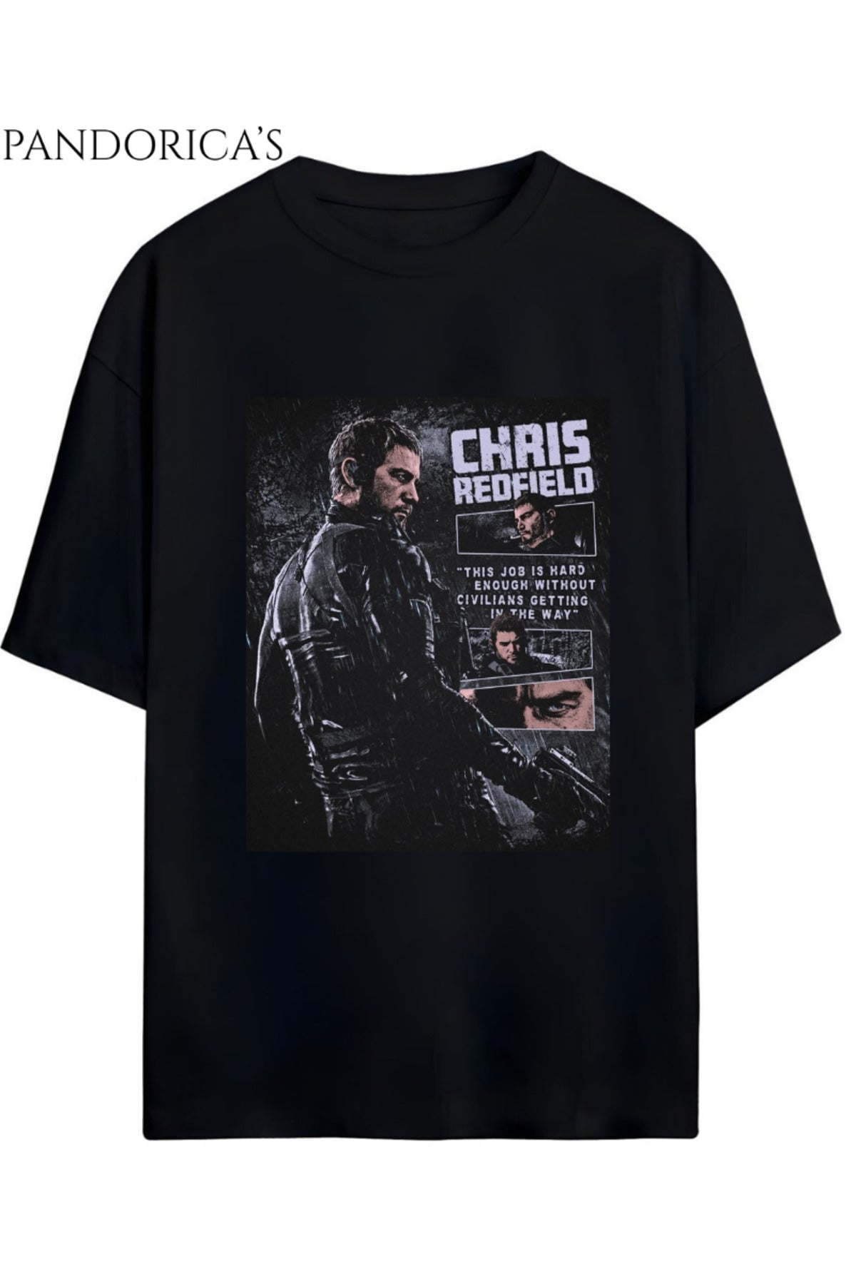 Pandorica's Resident Evil Tasarım Serisi "Chris Redfield" Baskılı Unisex Pamuklu Gamer T-Shirt